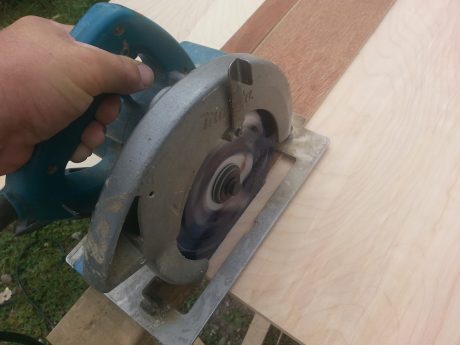 The hillbilly track saw provides a sacrificial edge that prevents veneer tearout.