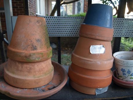 Terracotta pots before and after cleaning.