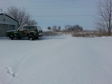 8" of new snow outside the shop.