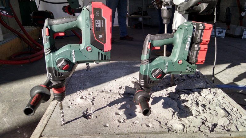 Metabo cordless rotary hammers with one 36-volt battery and two 18-volt batteries