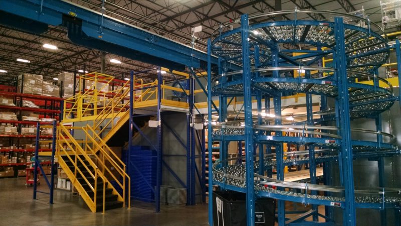 packing mezzanine with stairs and spiral conveyor