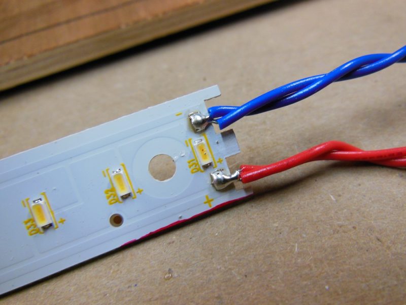 Wires soldered to the LED light strip.