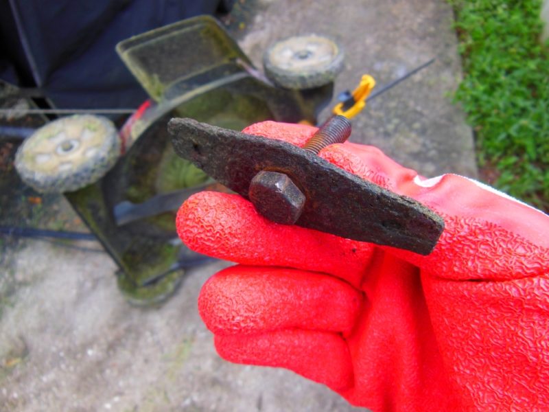 Lawn mower blade bolt and washer.
