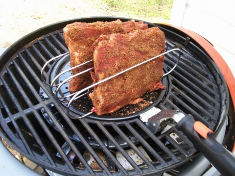 Ribs on the rib rack attachment ready to slow cook to perfection!